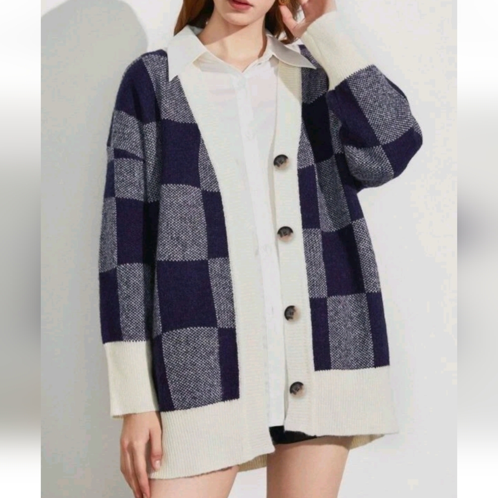 J.‎ Ing Mollie Blue Checkered Sweater Cardigan Wool Mohair Size S/M